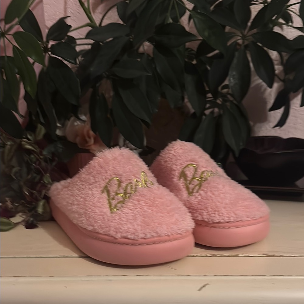 Pink Fuzzy Barbie Slippers with Gold Embroidery